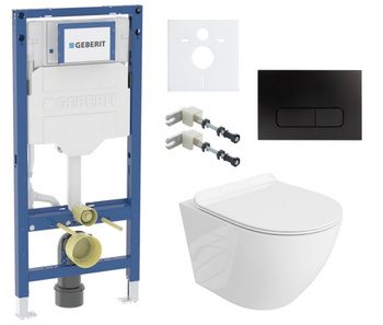 Zestaw stelaż podtynkowy Geberit UP320 do WC z przyciskiem Mocha czarny mat + miska WC Sofi Slim z deską Lavita S203