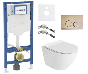Zestaw stelaż podtynkowy Geberit UP320 do WC z przyciskiem Cortado bronze gold + miska WC Sofi Slim z deską Lavita S198