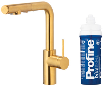 KFA bateria kuchenna z filtracją wody i wyciąganą wylewką Duero Pure Basic, brushed gold + zestaw filtrujący Profine Blue S 6623-113-31