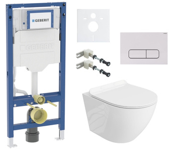 Zestaw stelaż podtynkowy Geberit UP320 do WC z białym przyciskiem Mocha + miska WC Sofi Slim z deską Lavita S201
