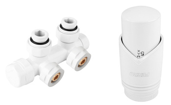 Ferro zestaw termostatyczny kątowy, biały, rozstaw 50mm + złączki CU fi15 i pex 16x2 ZTD30WH
