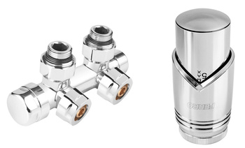 Ferro zestaw termostatyczny kątowy, chrom, rozstaw 50mm + złączki CU fi15 i pex 16x2 ZTD30CR