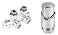 Ferro zestaw termostatyczny kątowy, chrom, rozstaw 50mm + złączki CU fi15 i pex 16x2 ZTD30CR